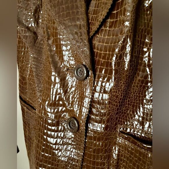 BRADLEY BAYOU brown leather coat shiny crocodile embossed Y2K Glam vintage sz L - Picture 13 of 14